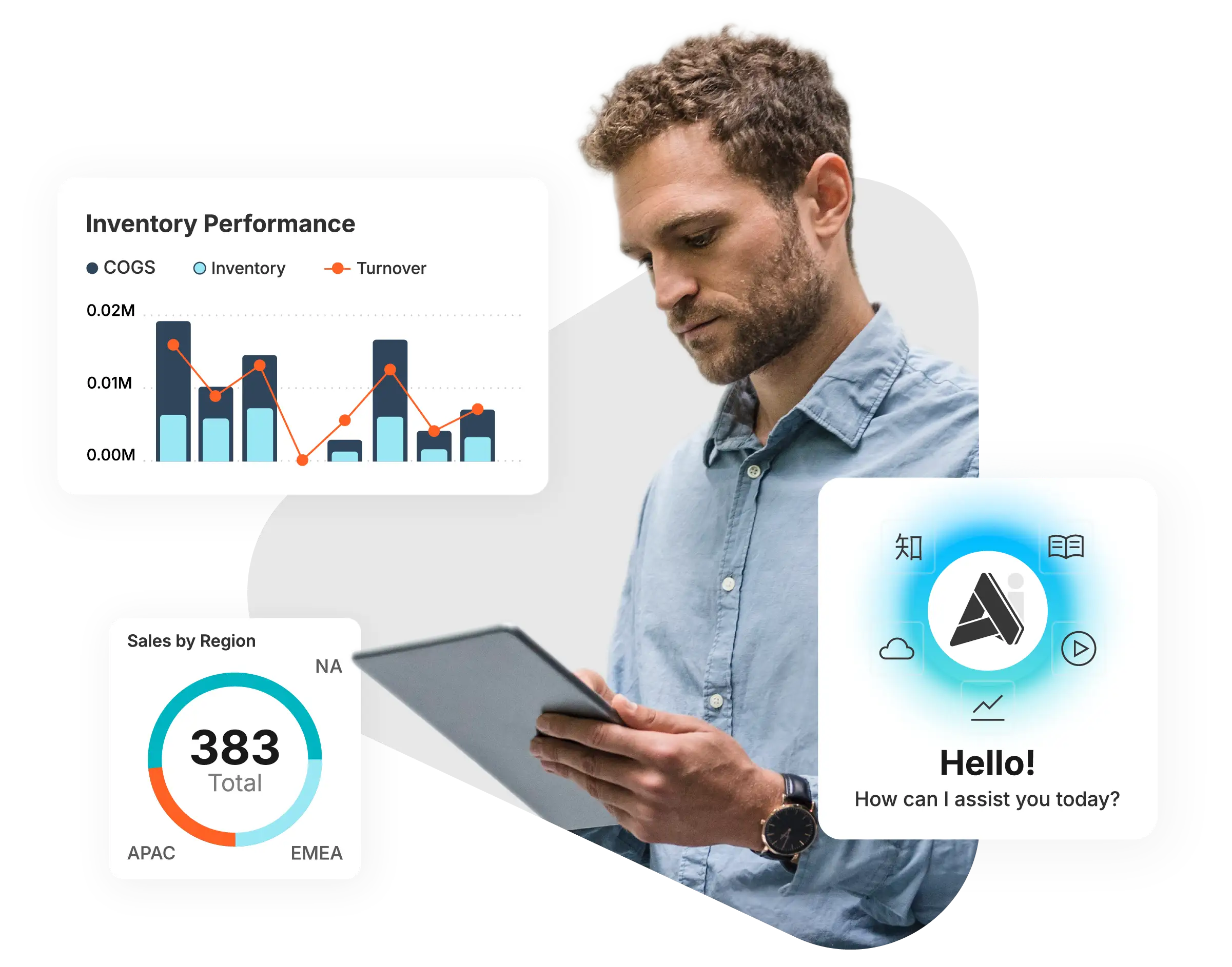 Man looking at tablet with Charts and Data Sales