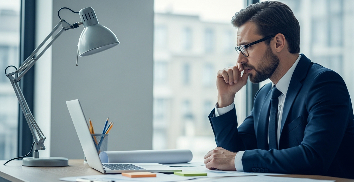 Business man sitting at desk with laptop thinking.
