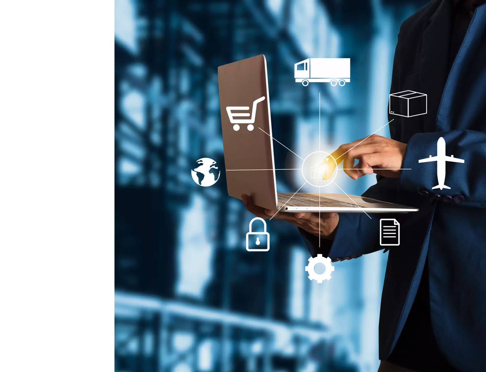 Man holding a laptop showing supply chain icons