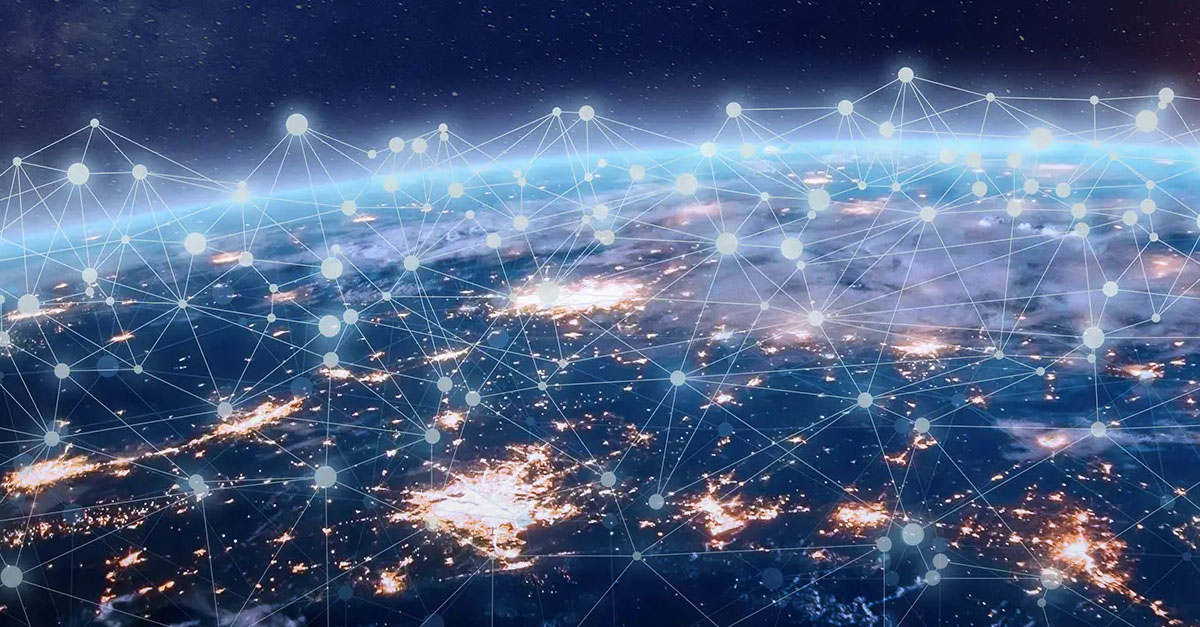 Interconnected data points in sky above city view from space