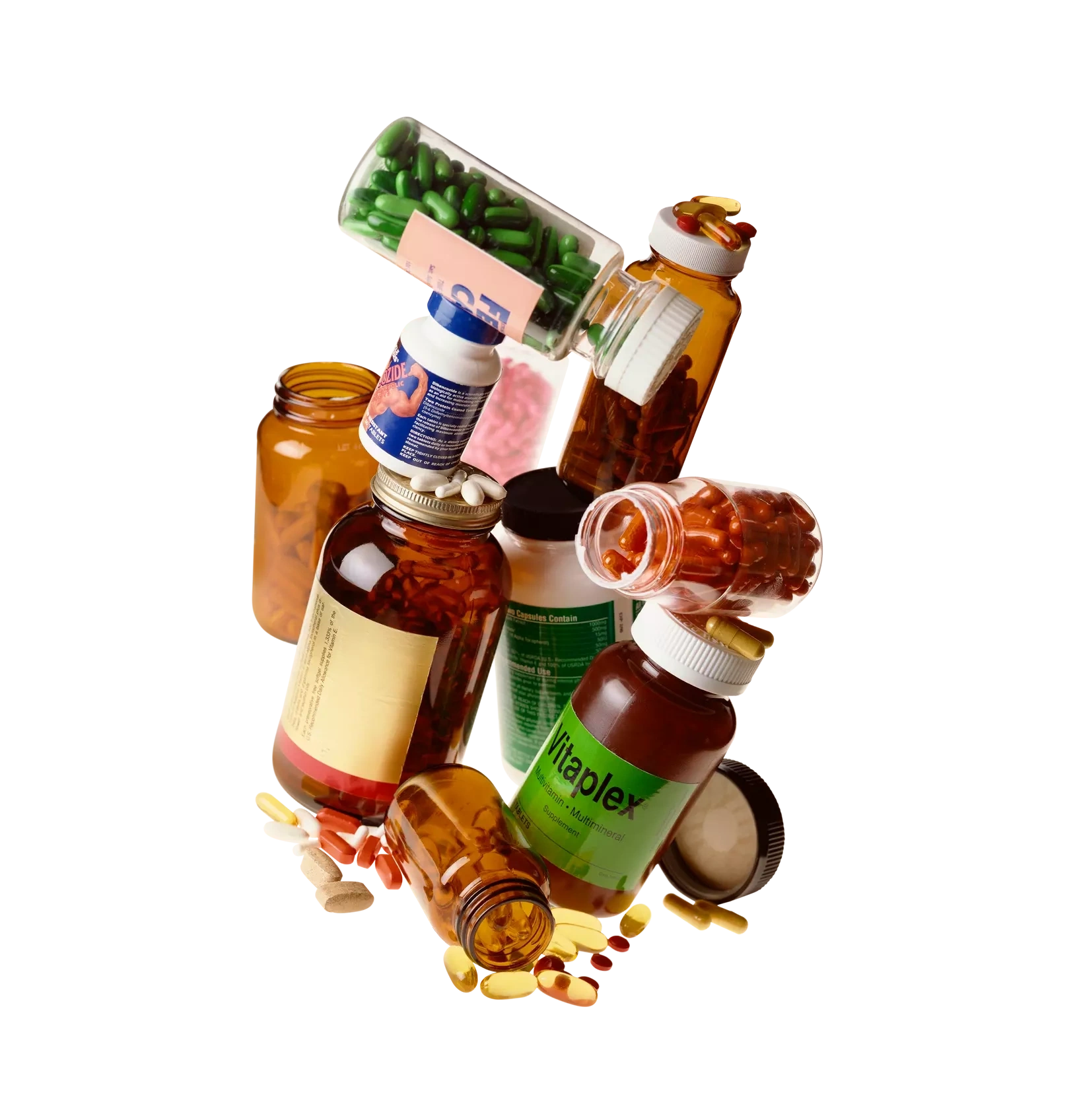 A pile of vitamin bottles
