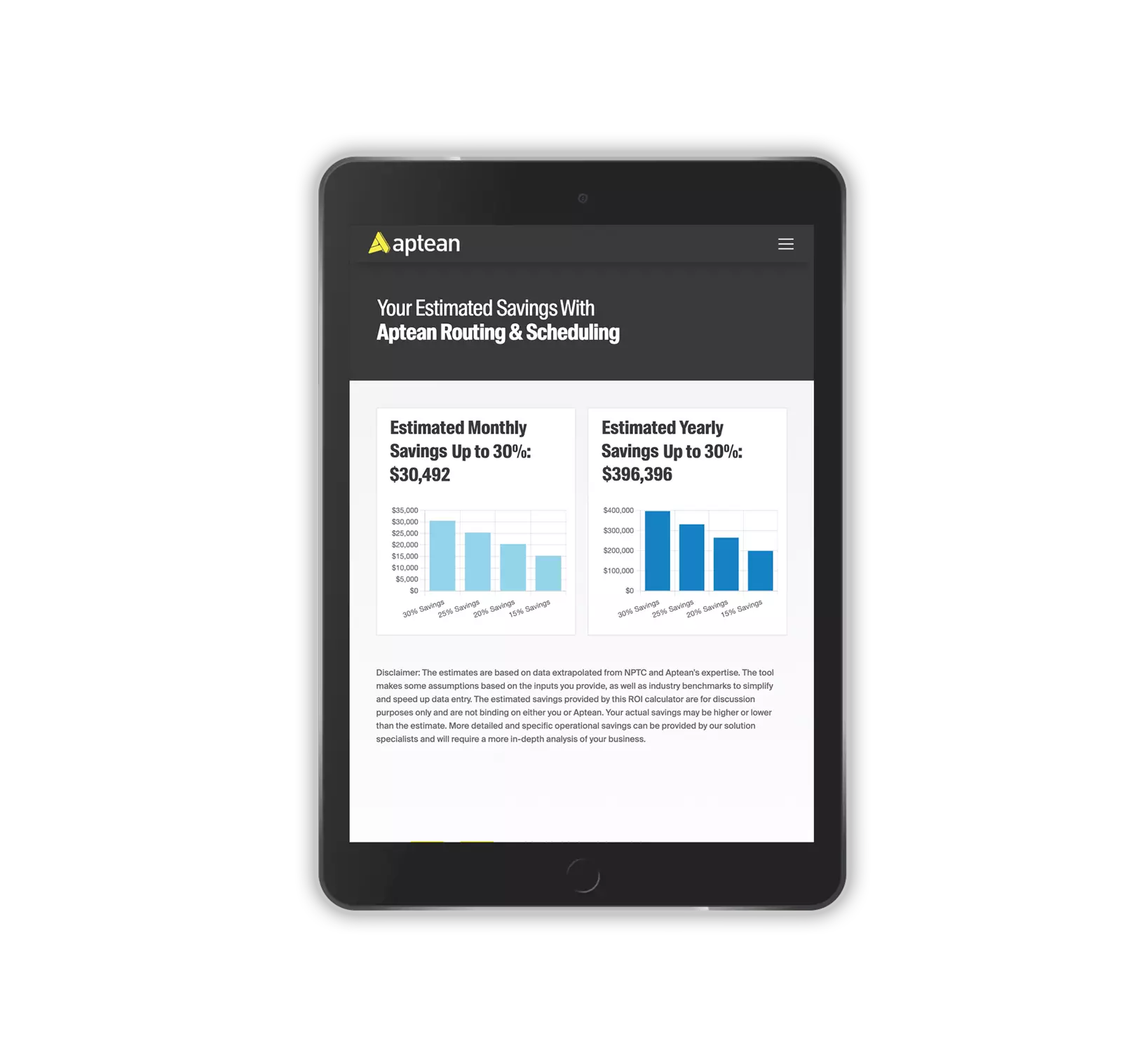 Een tablet dat een screenshot van de webpagina met de vlootbesparingscalculator weergeeft