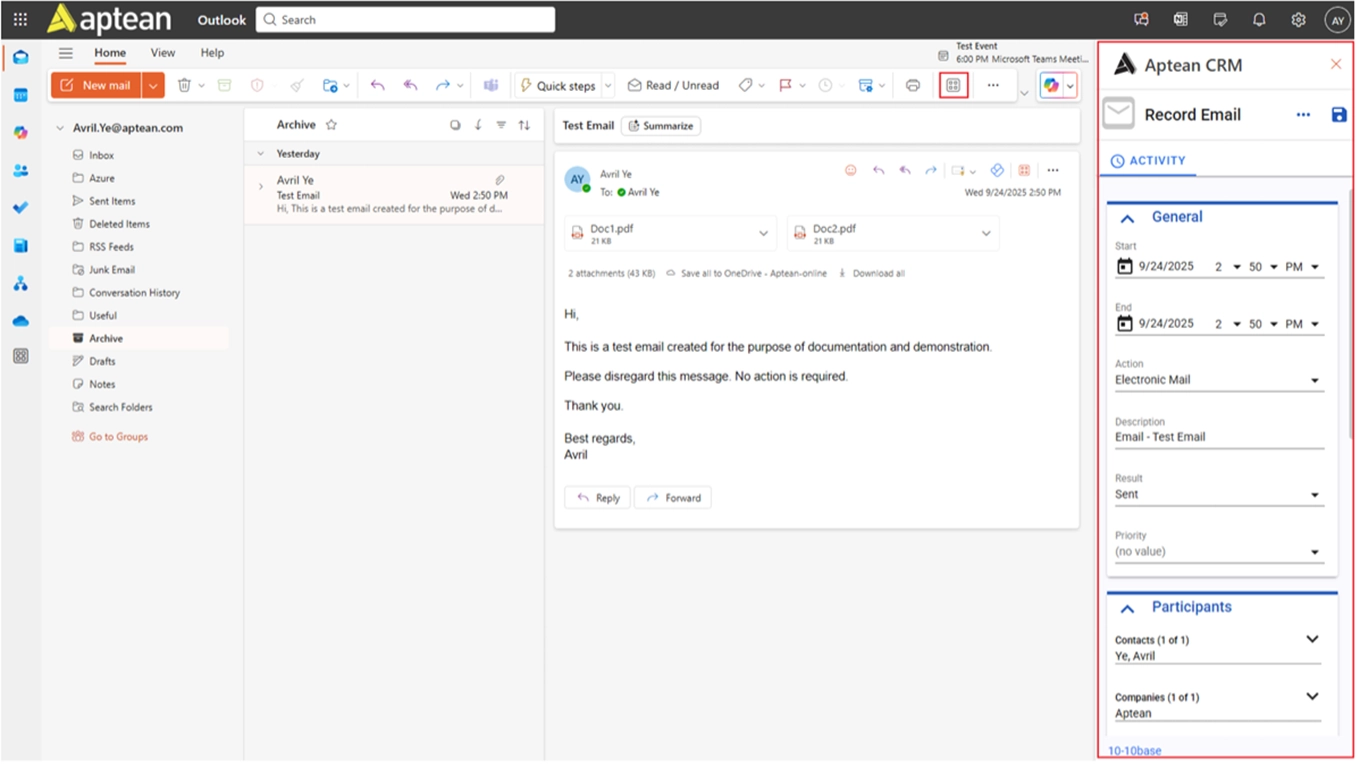 Record Emails to Aptean CRM Image