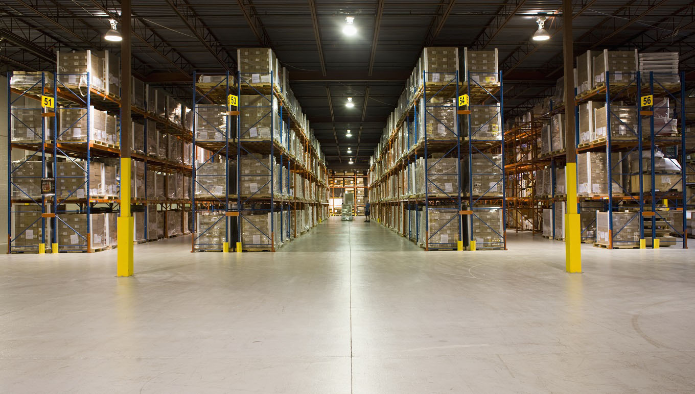Clean warehouse full of boxes