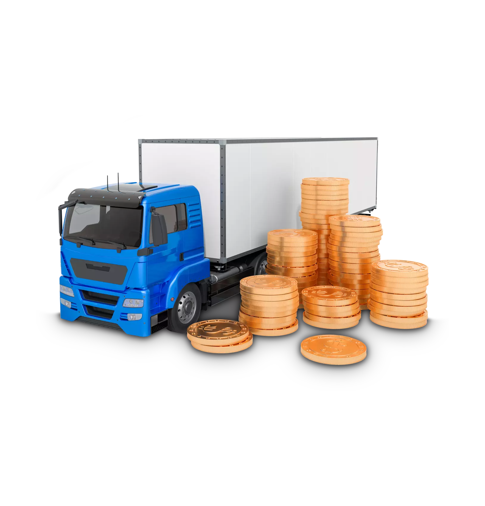 Blauw-witte Mack vrachtwagen afgebeeld met een stapel munten