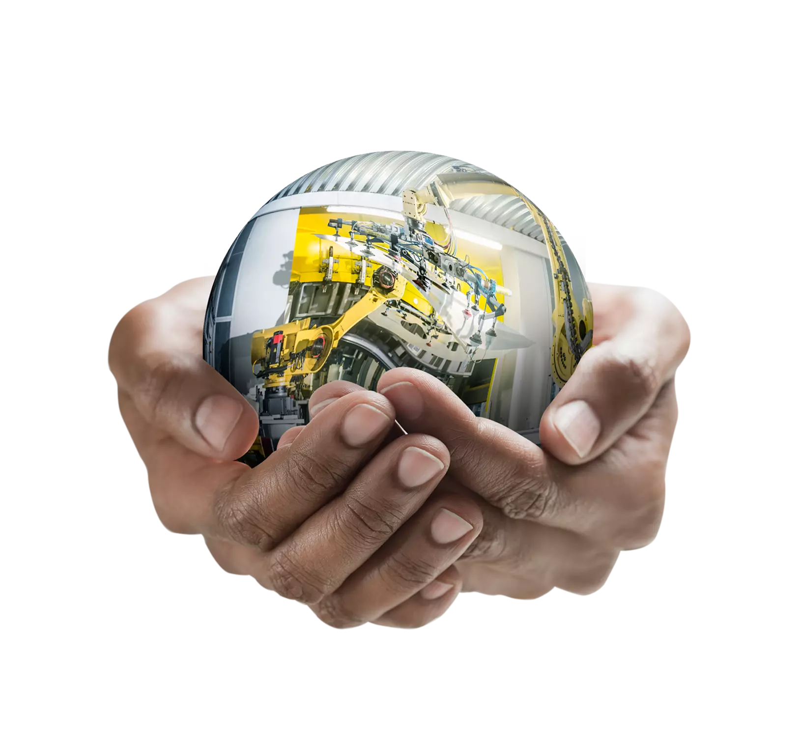 A man holding a sphere that shows factory