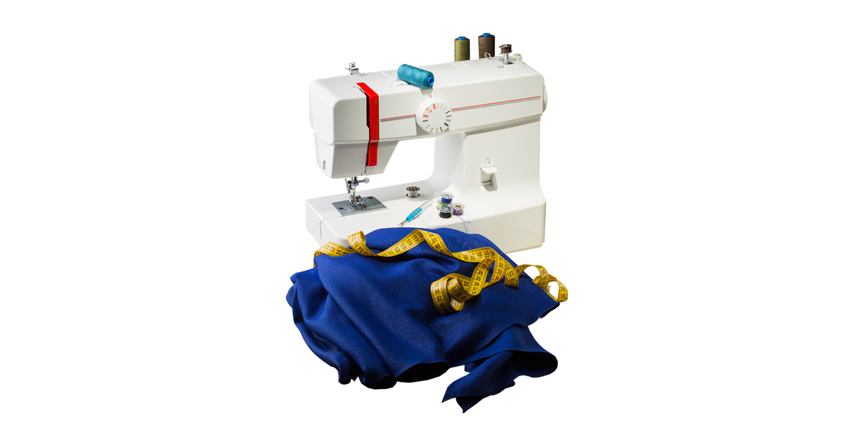 A sewing machine and a piece of blue fabric.