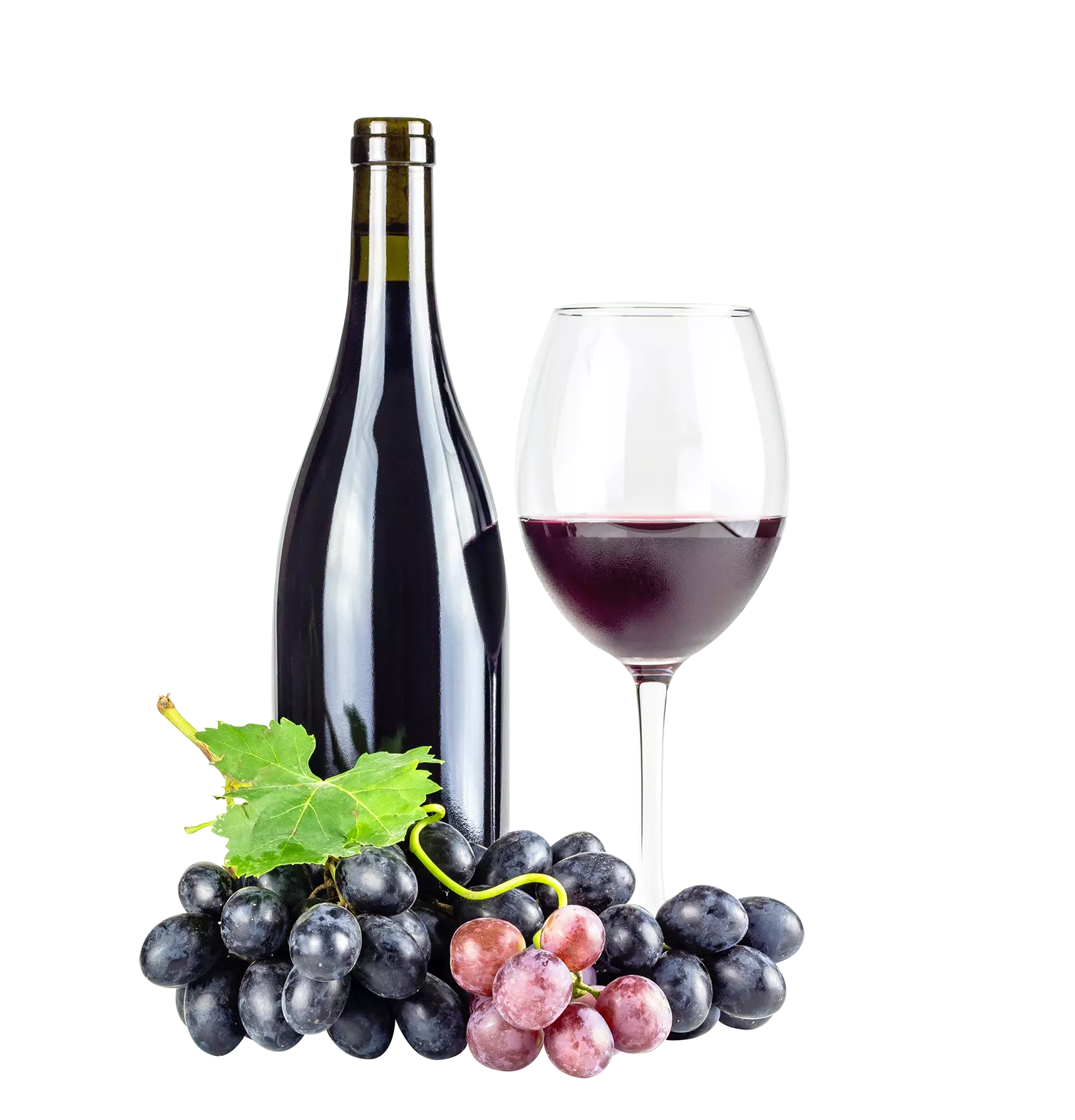 Fles en glas wijn met druiven.