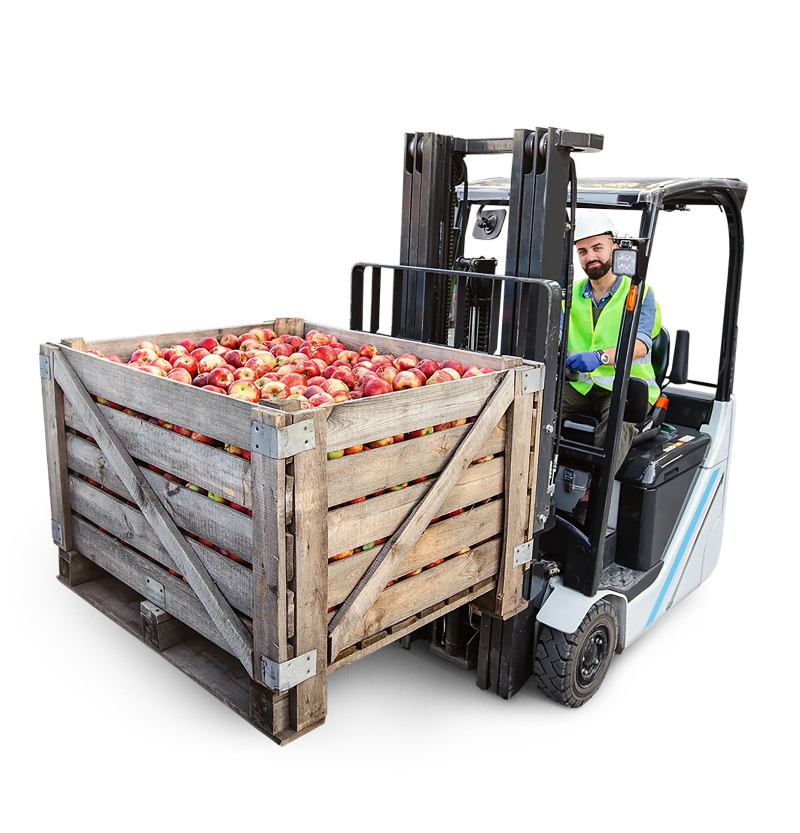 Chariot élévateur à fourche déplaçant une caisse de fruits