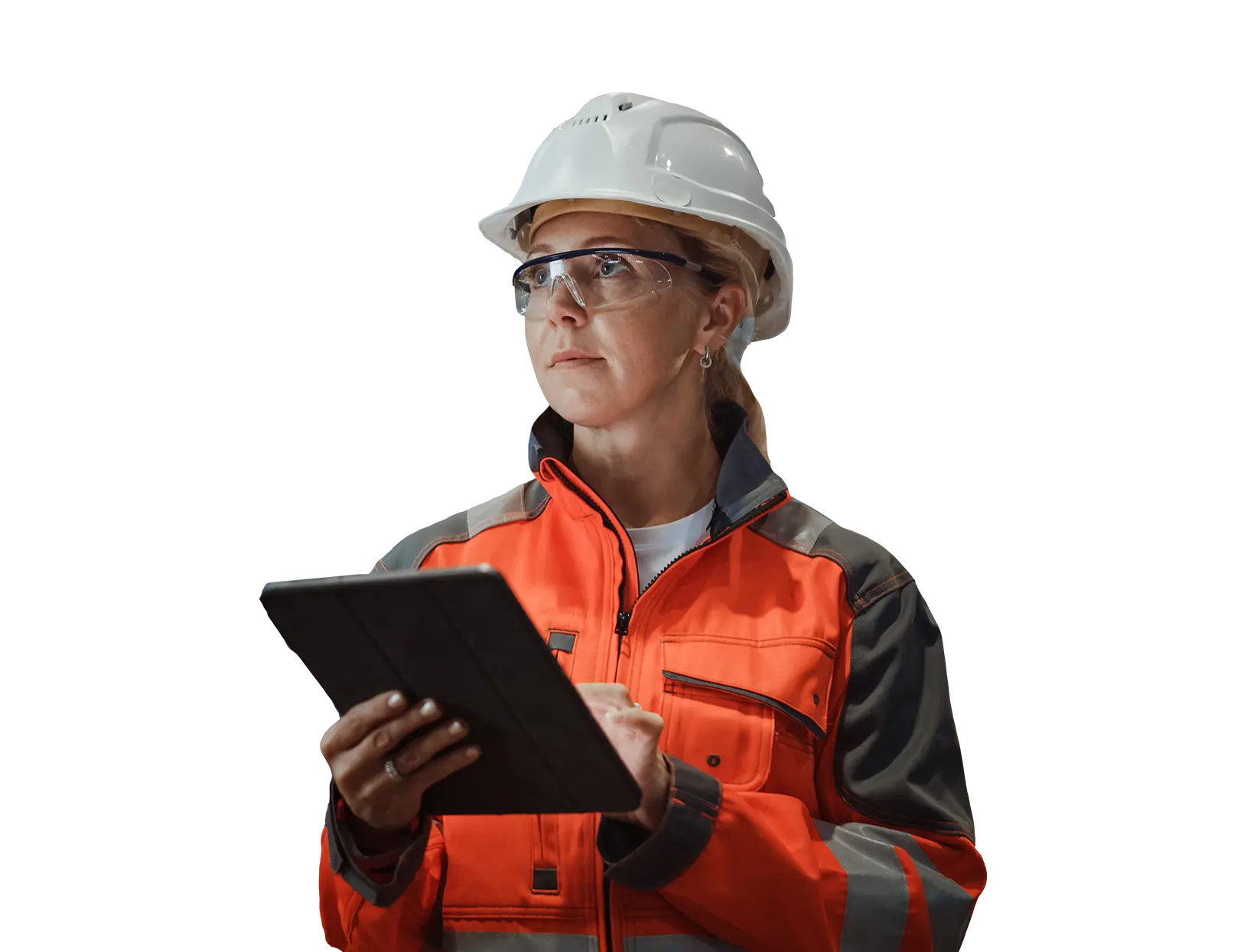 Frau mit Schutzhelm und Sicherheitsjacke hält Tablette