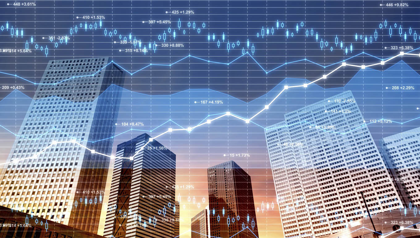 Candle stick charts and line graphs across skyline with buildings