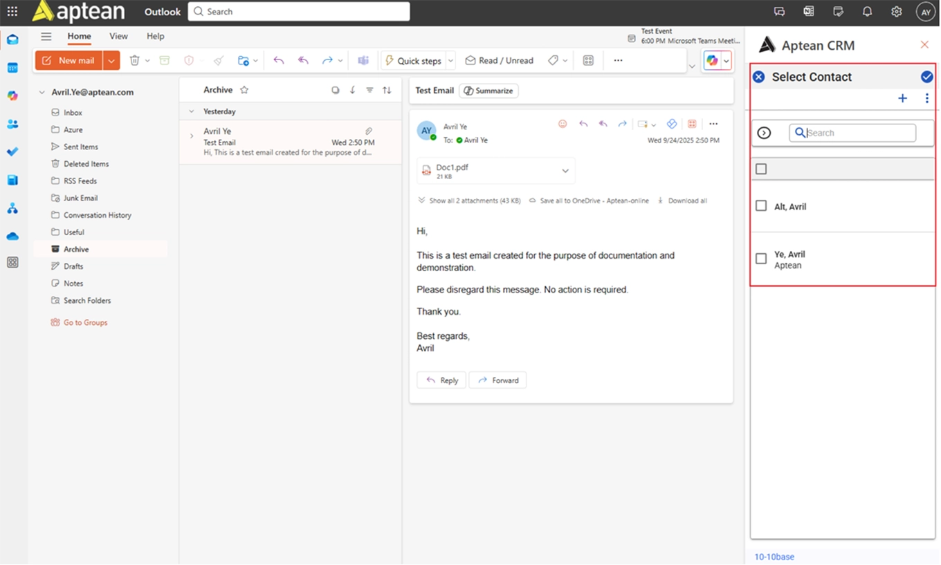 Record Emails to Aptean CRM Image