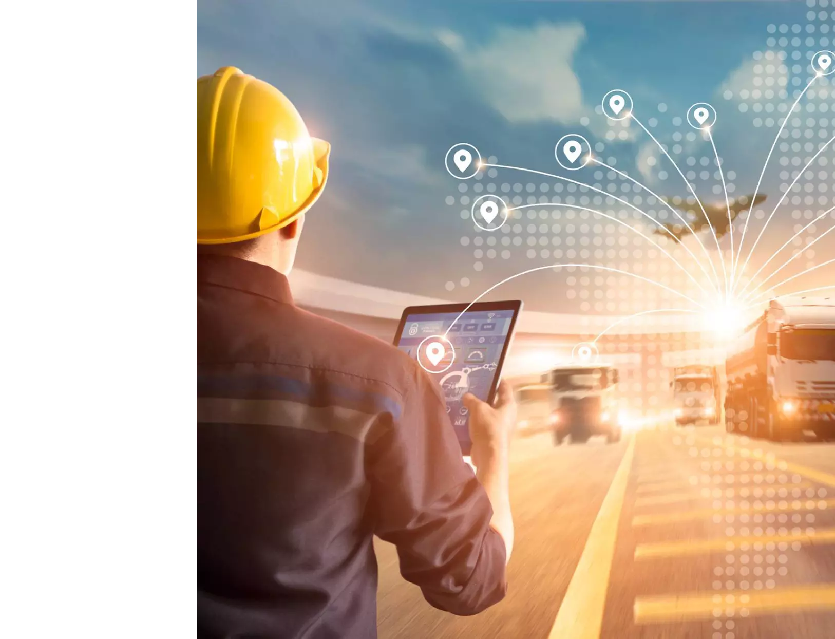 Image showing different forms of transportations while a man holds a tablet.