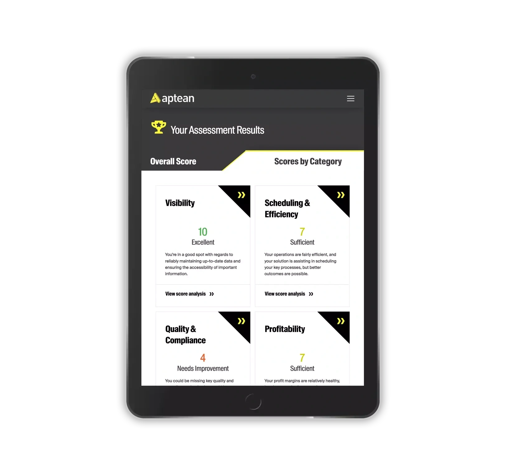 Ein Tablet, das die Webseite zur Bewertung von Lebensmitteln und Getränken auf Aptean.com anzeigt