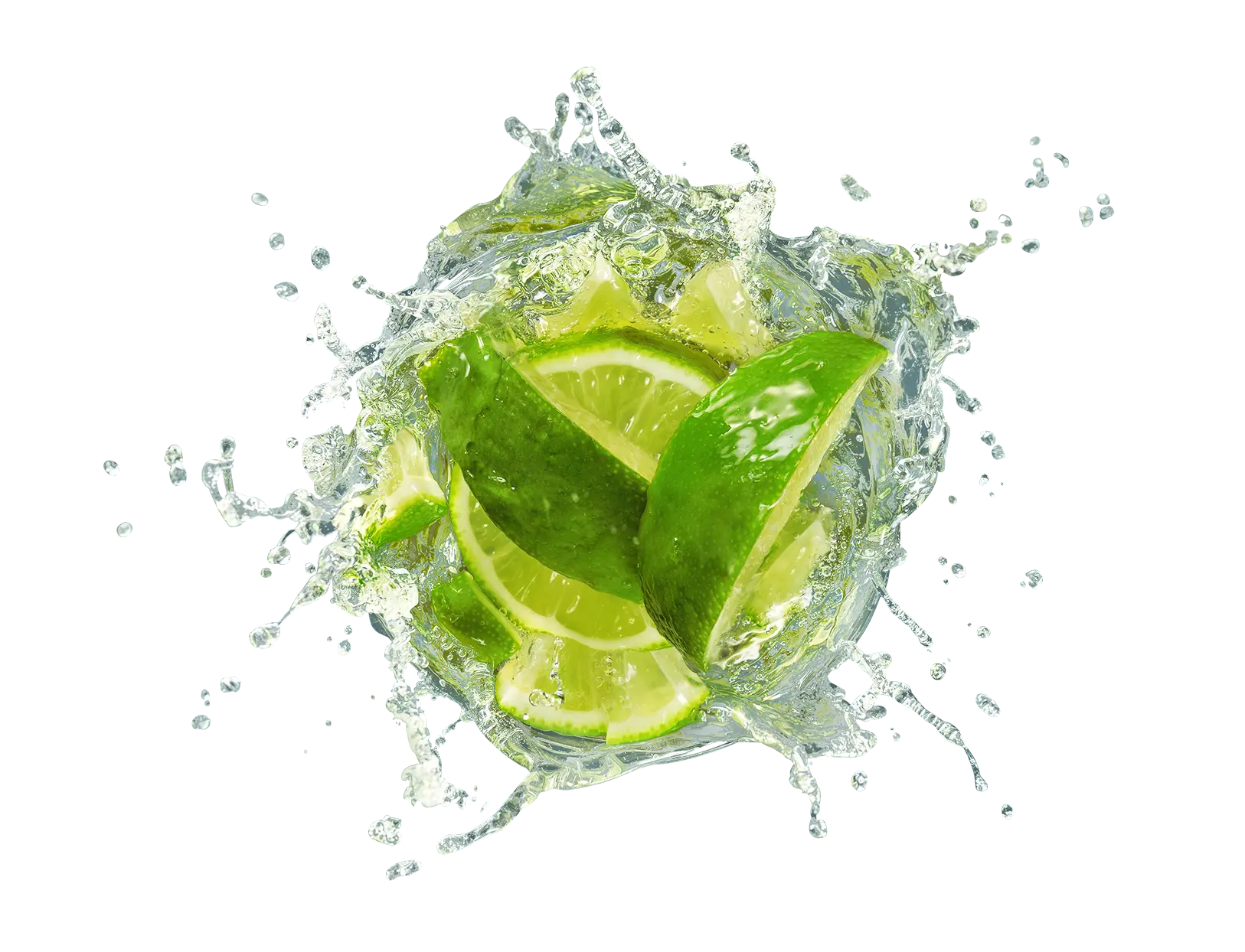 Cut up limes splashing in bowl
