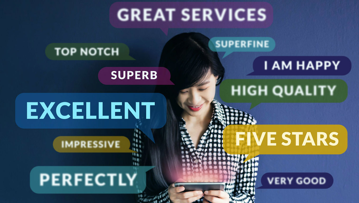 Person on tablet with positive reviews