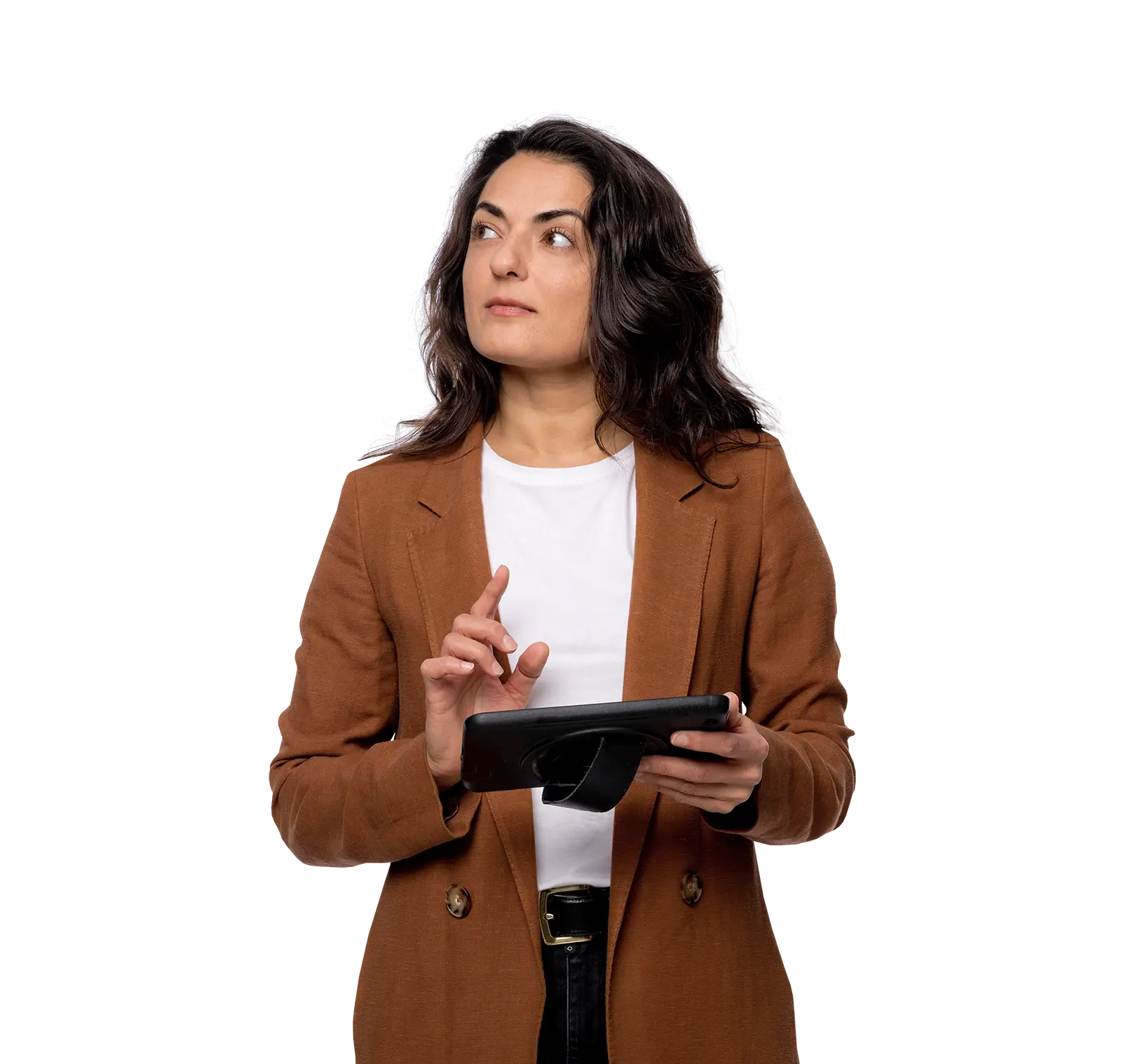 Vrouw die tablet in hand houdt
