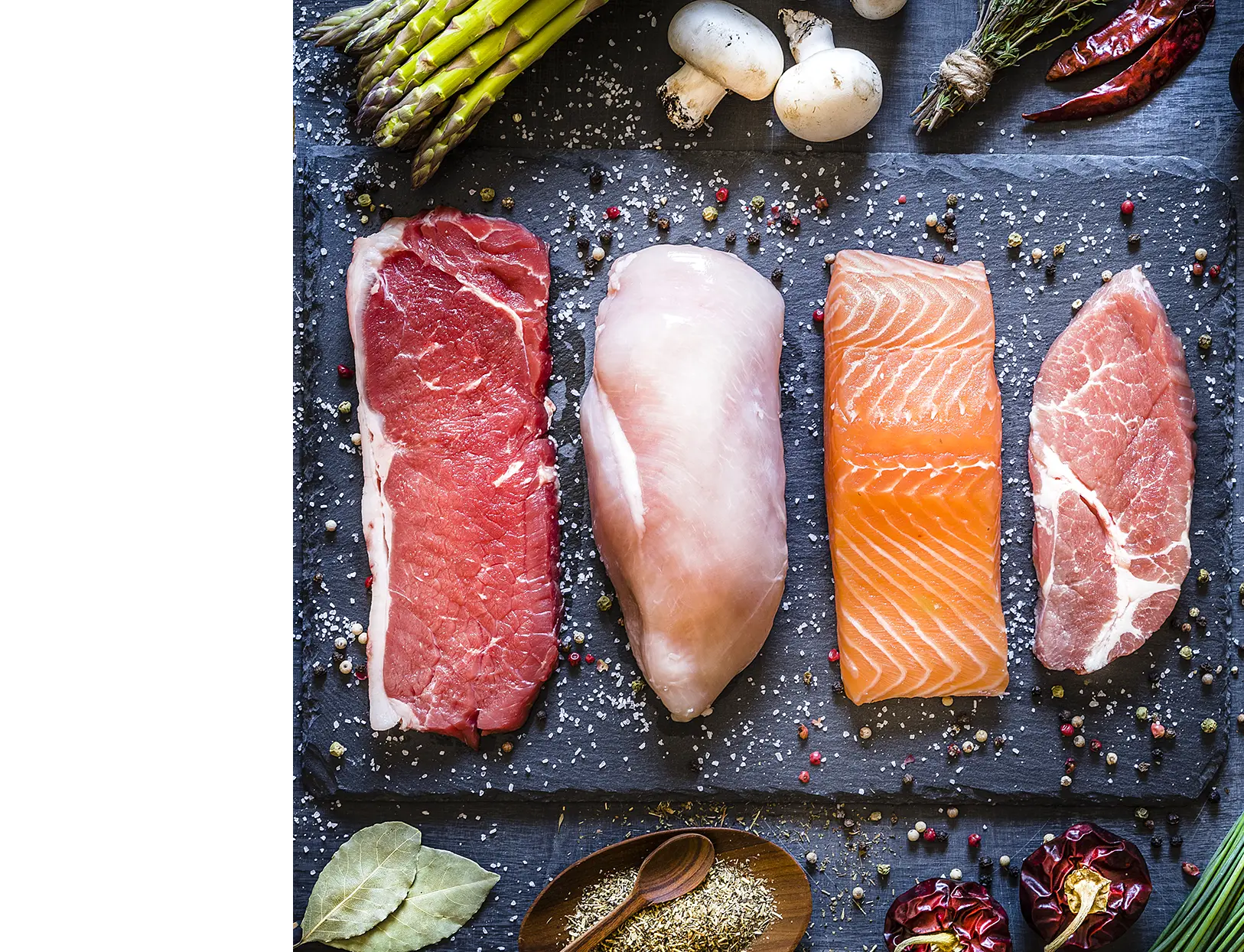 Cuts of meat, chicken, salmon and pork on table top cutting board