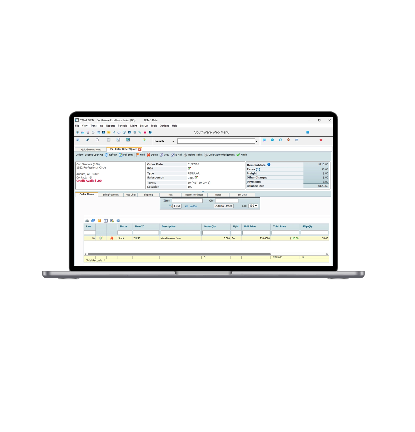 Aptean SouthWare Order Entry screenshot