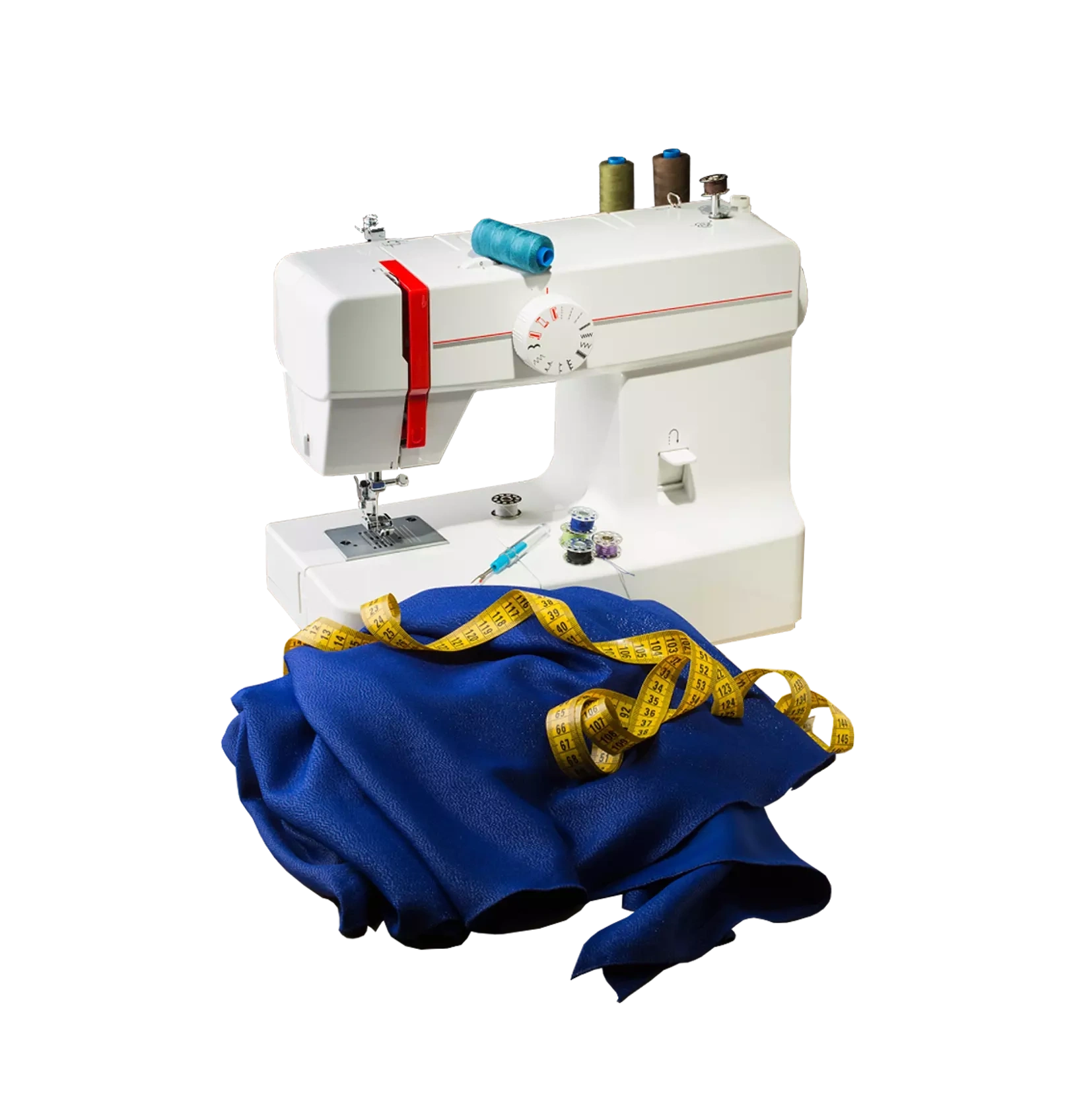 Een naaimachine en een stuk blauwe stof