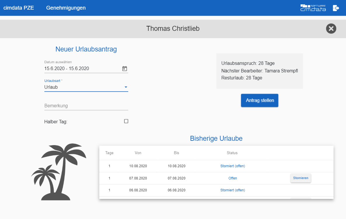Erstellen eines neuen Urlaubsantrags im PZE