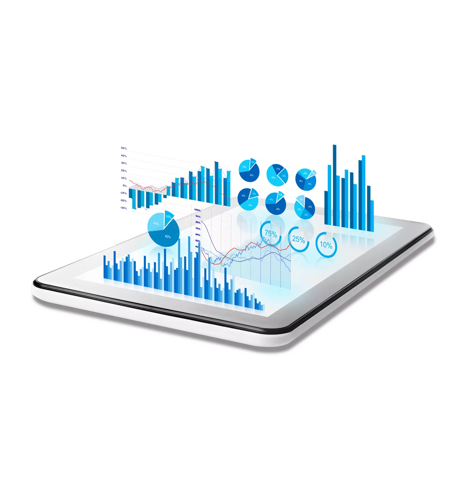 Tablet device displaying blue statistical graphs