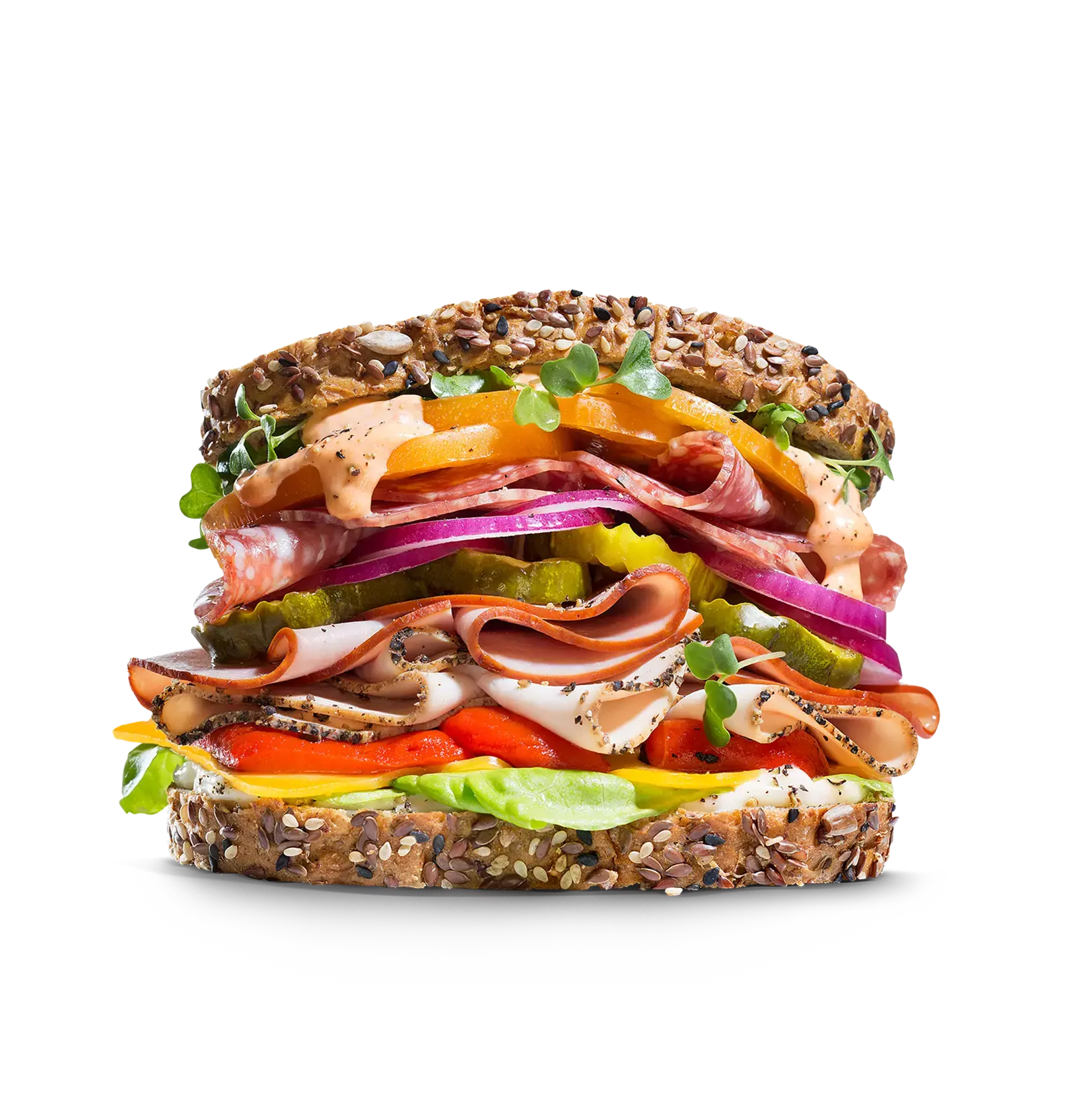 Sandwich gestapeld met toppings.