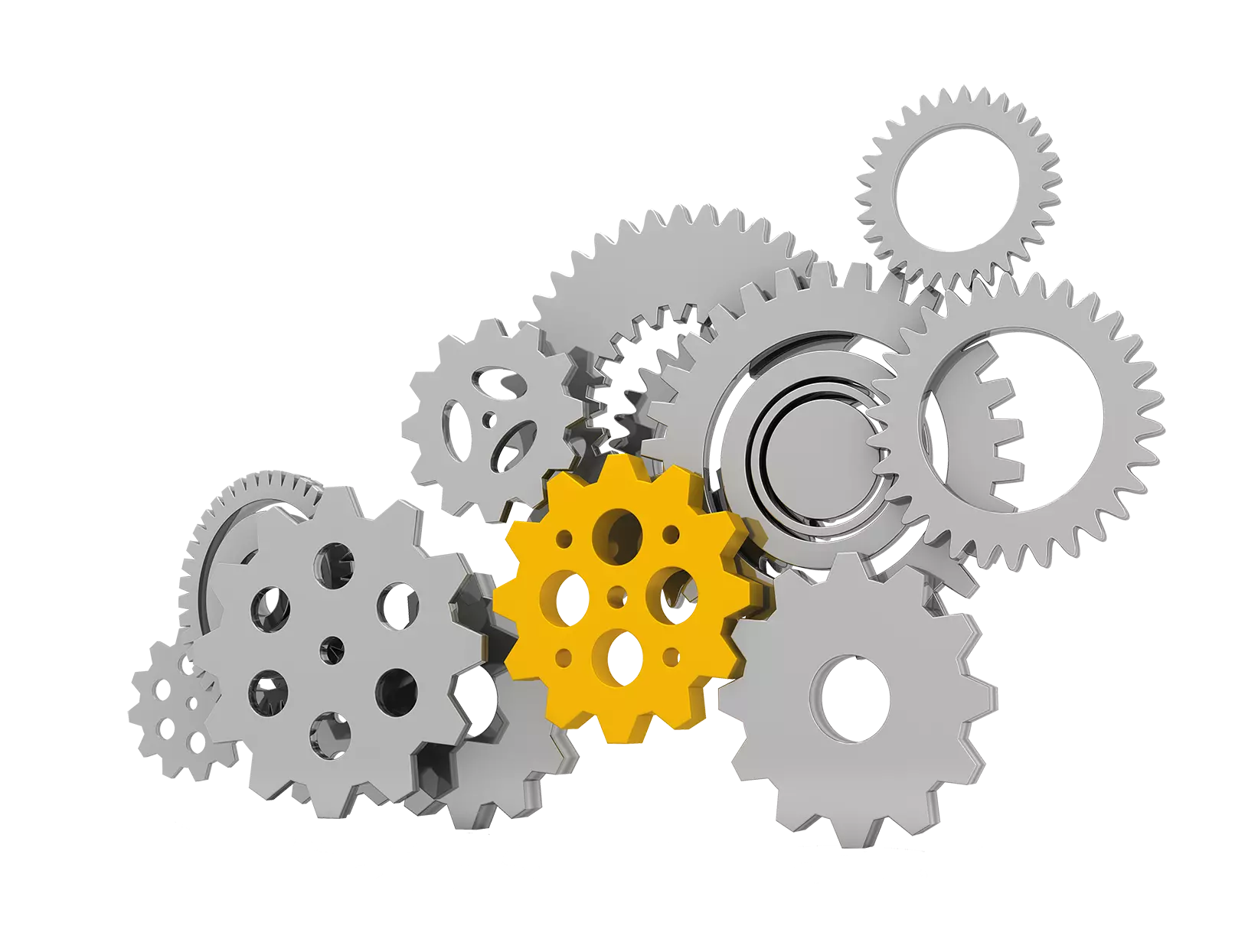 Different gears and a gold gear in the middle.