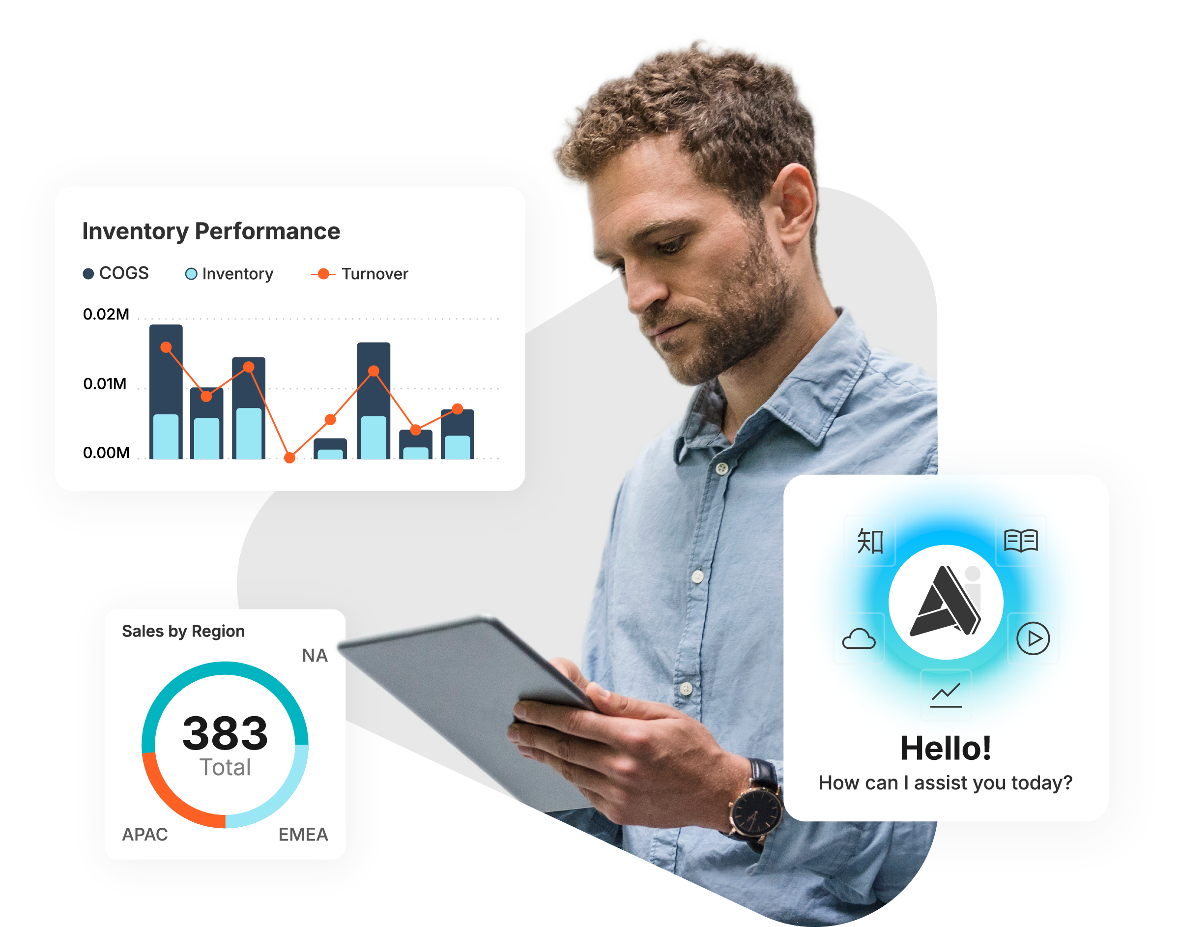 Man looking at tablet with Charts and data.