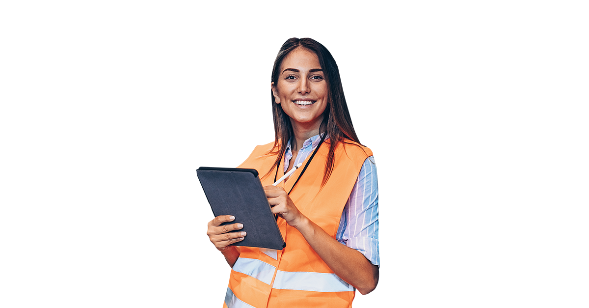 Woman in orange vest with tablet