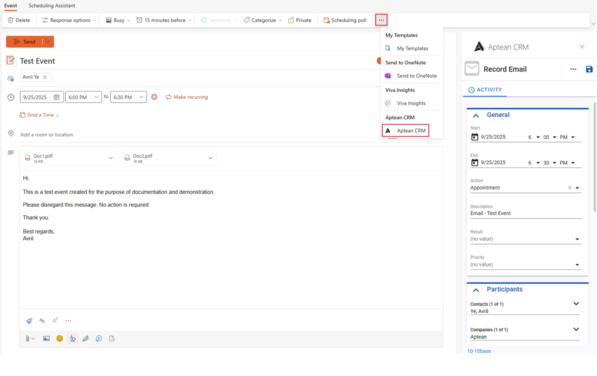 Send Calendar Events to Aptean CRM Image