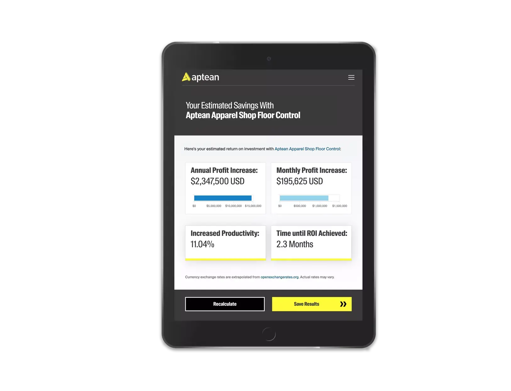 Tablet device displaying Shop Floor Control return on investment calculator