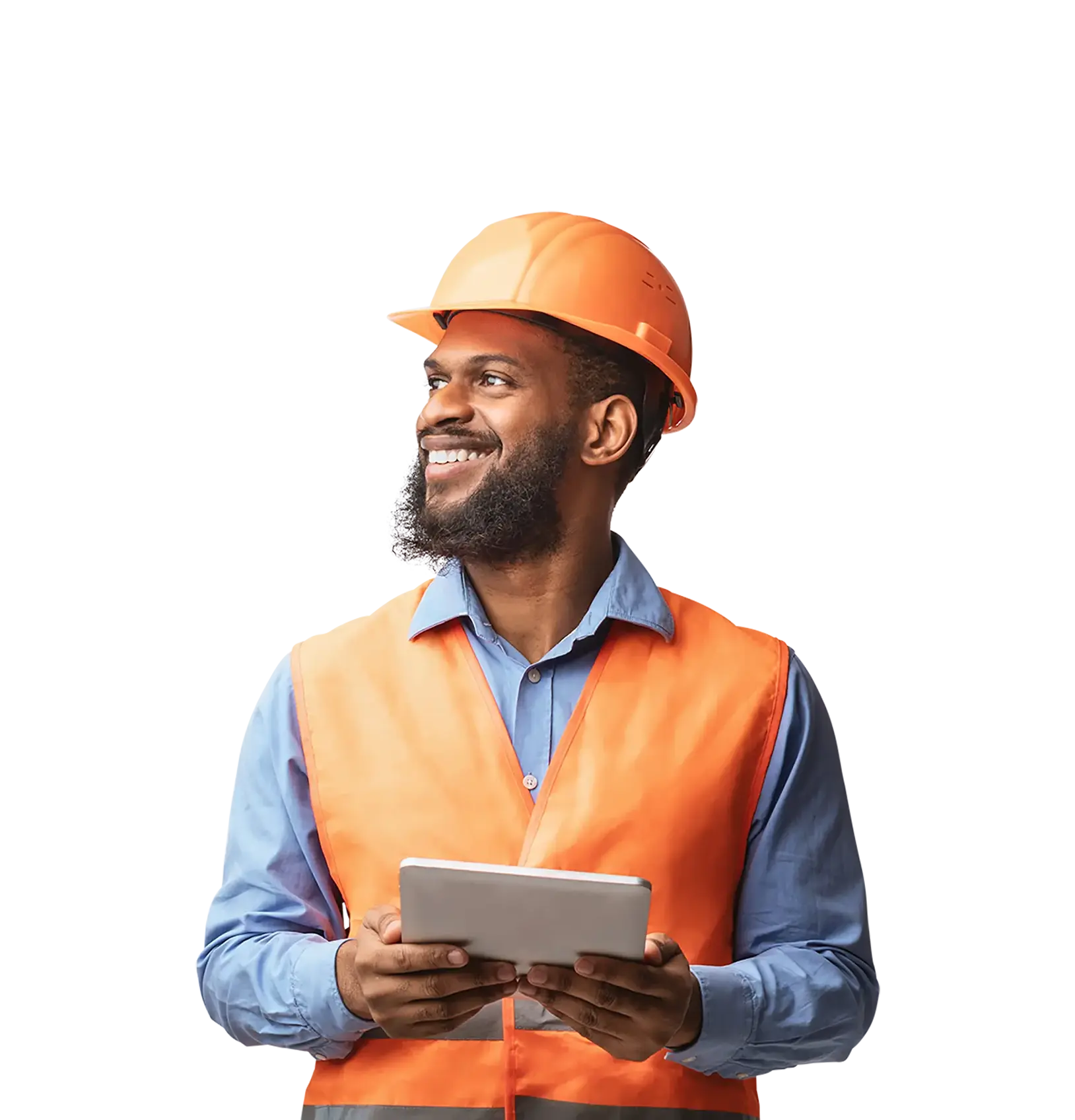 Man in orange hard hat holding tablet