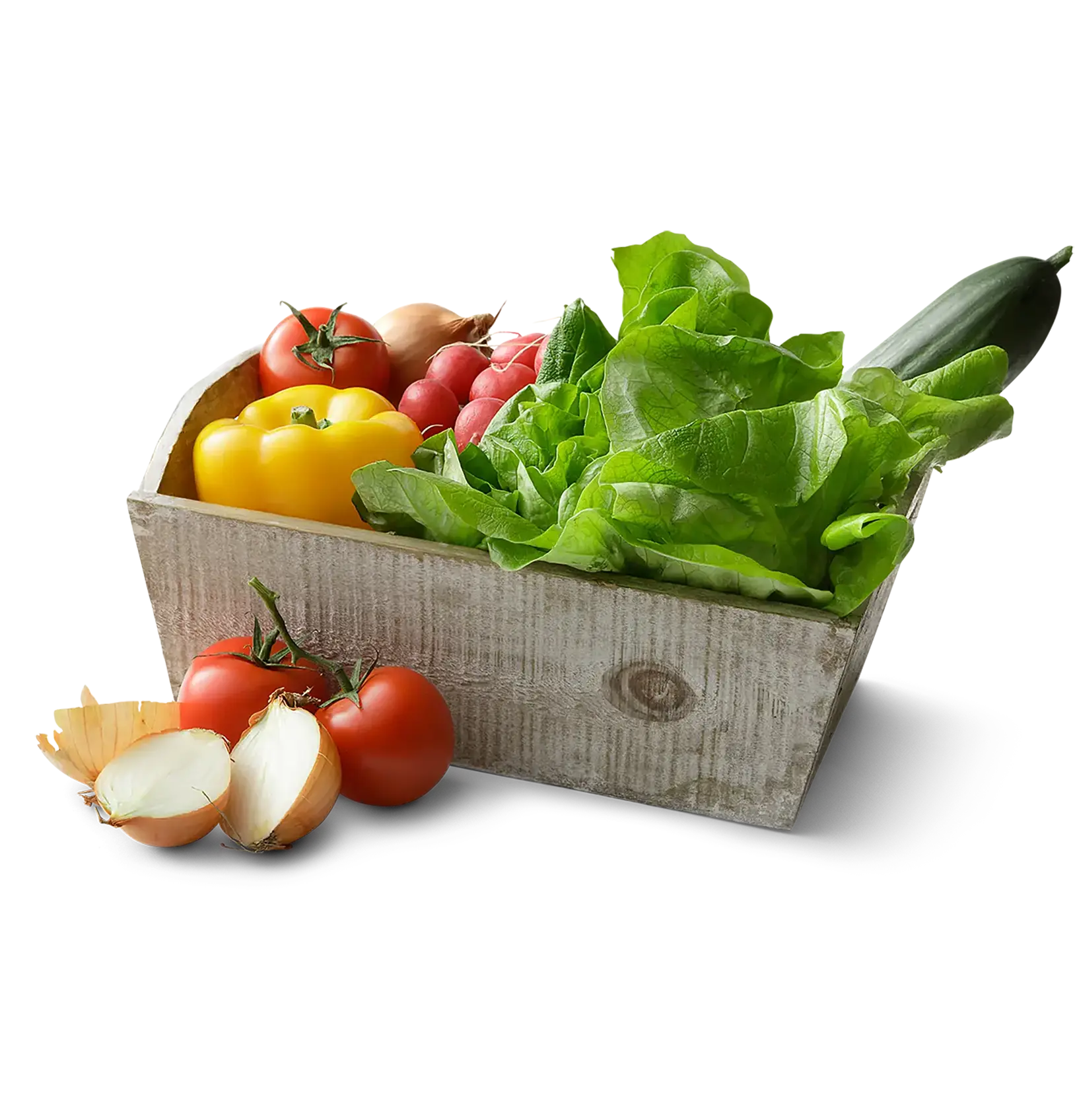 Houtbak met verse tuingroenten zoals paprika's, tomaten, komkommer en Romeinse sla