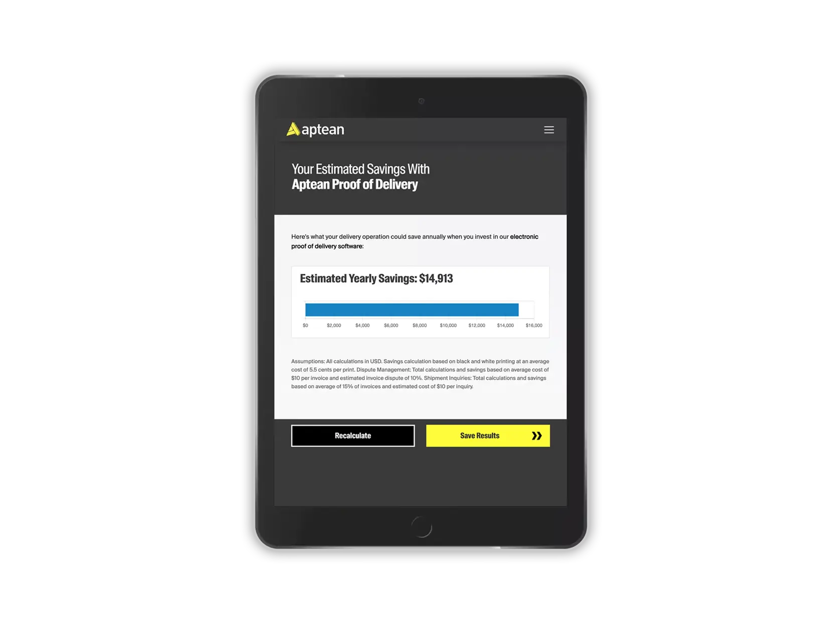 A tablet device displaying the proof of delivery calculator webpage
