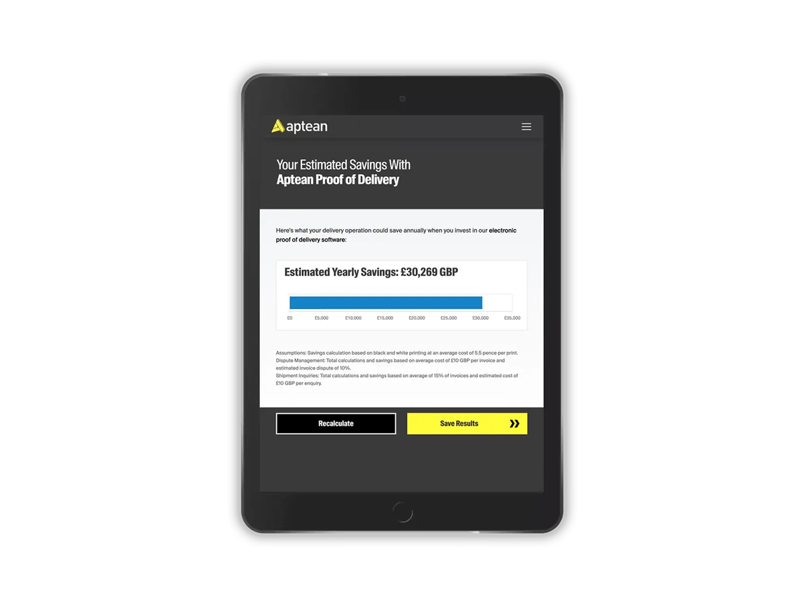 A tablet device displaying the proof of delivery calculator webpage