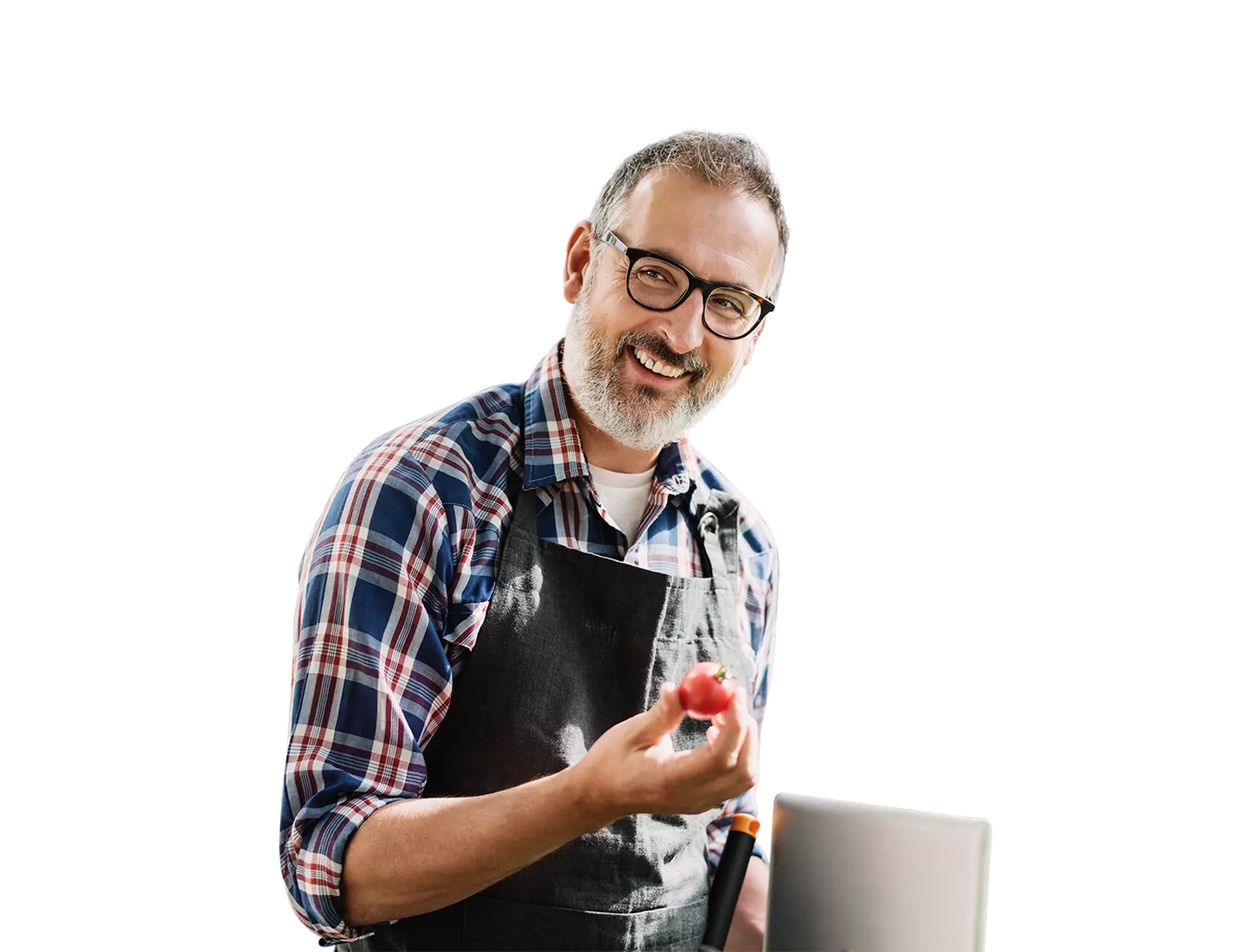 Een lachende man met een tomaat.
