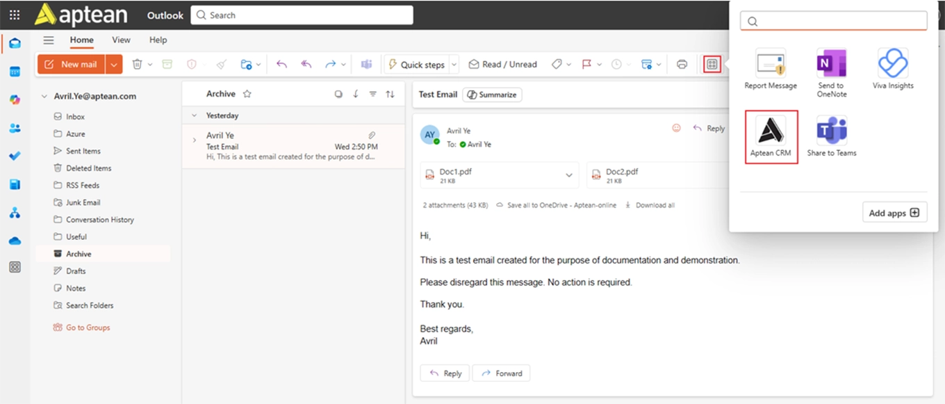 Record Emails to Aptean CRM Image
