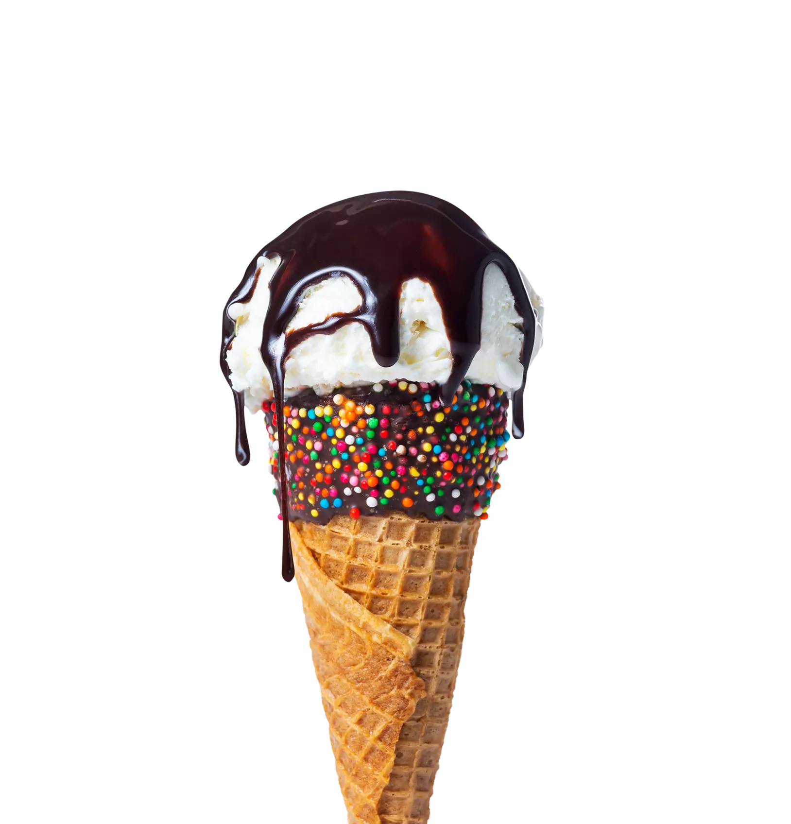 Ice cream cone with chocolate sauce.