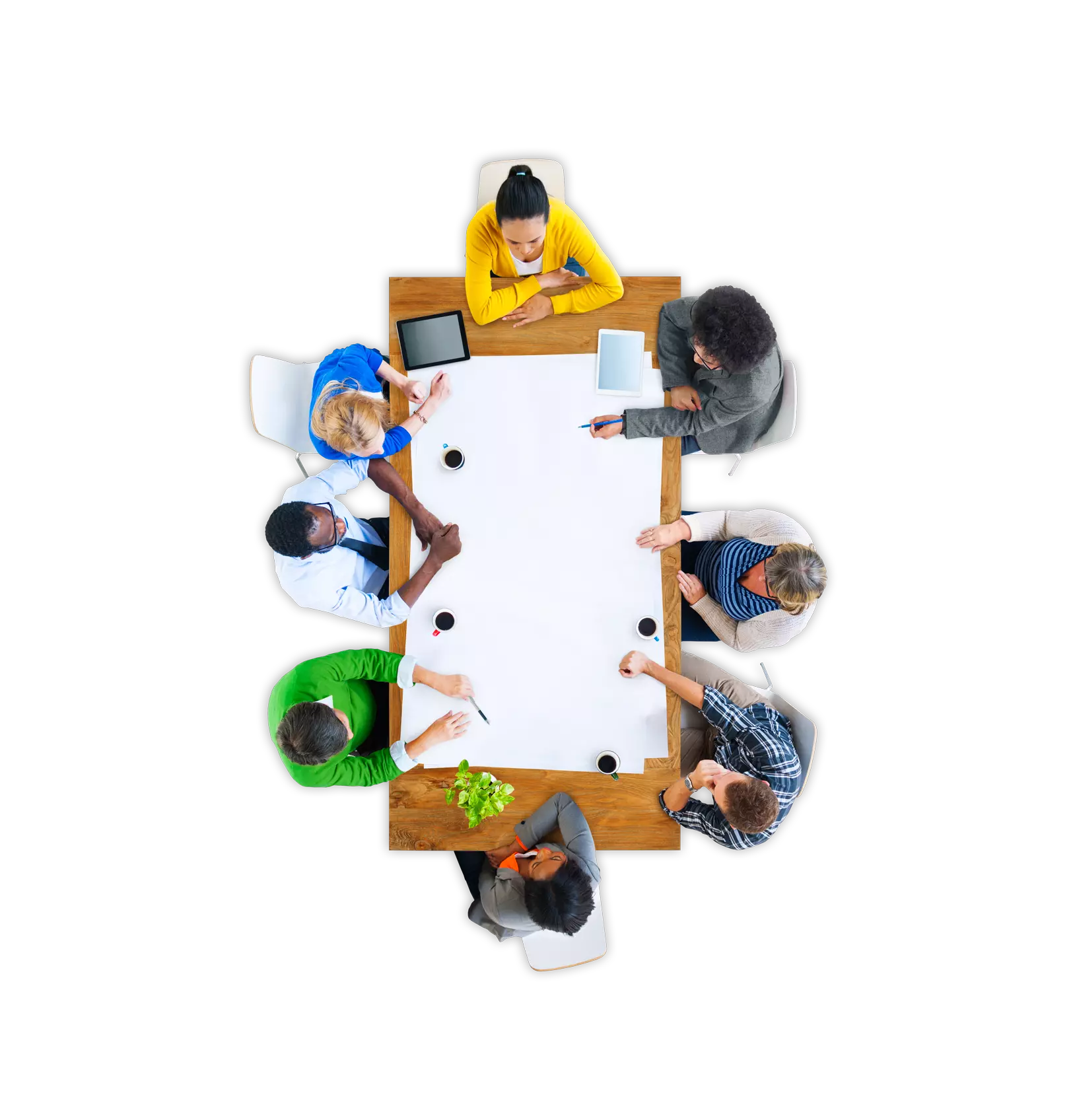 8 business professionals sitting at a table