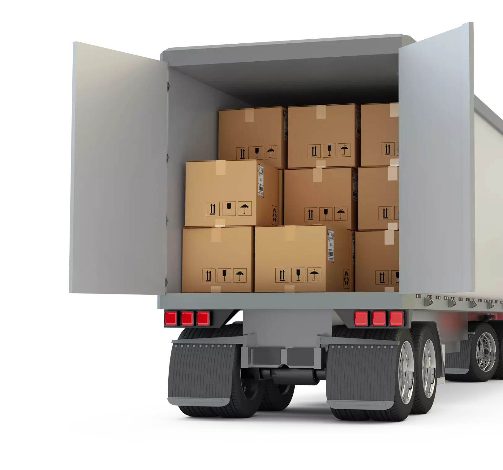 White and red freight truck transporting goods in cardboard boxes