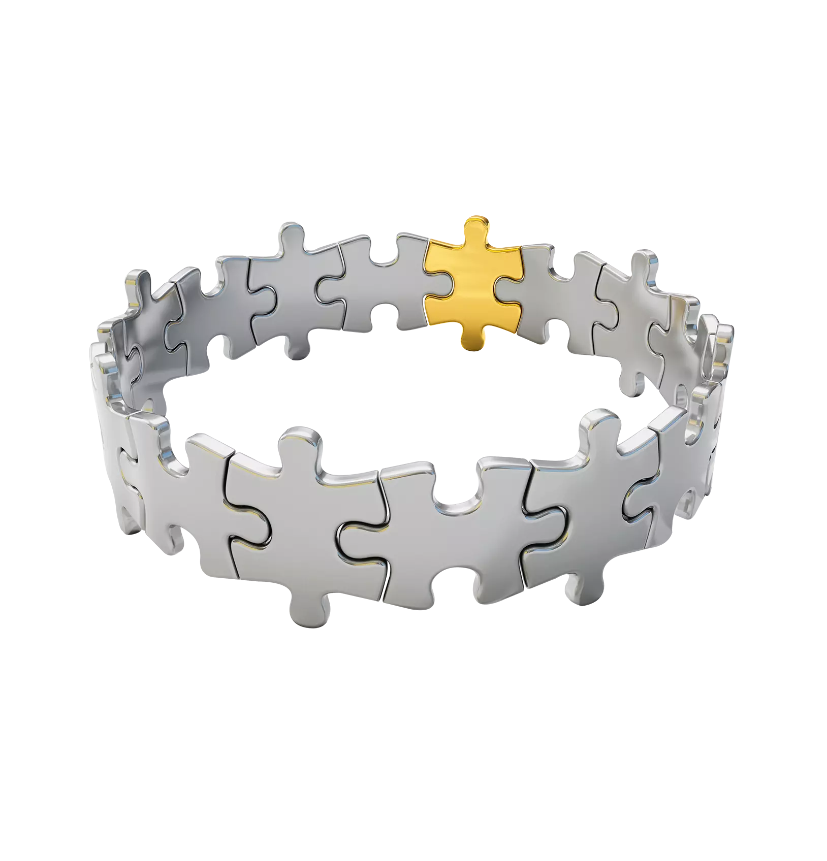 Puzzle pieces forming a circle with one gold piece.
