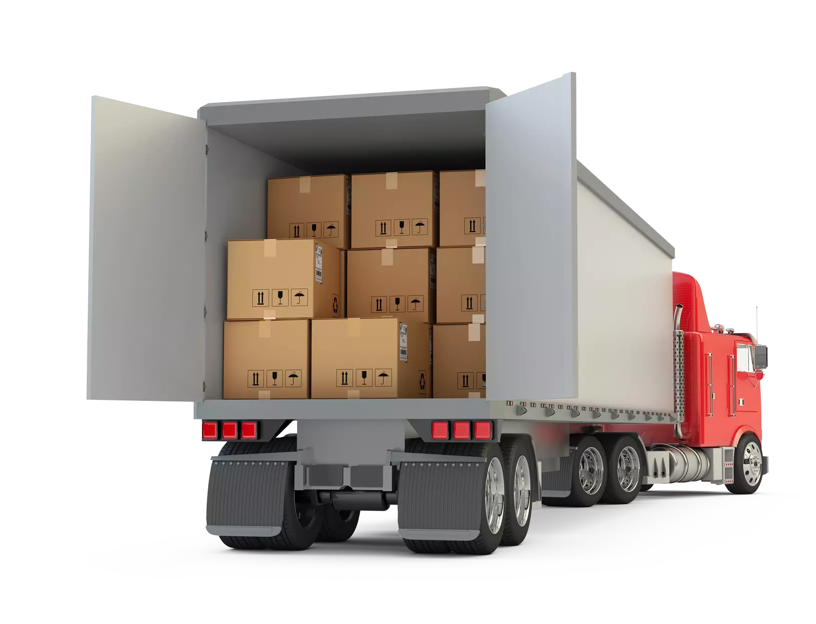 White and red freight truck transporting goods in cardboard boxes